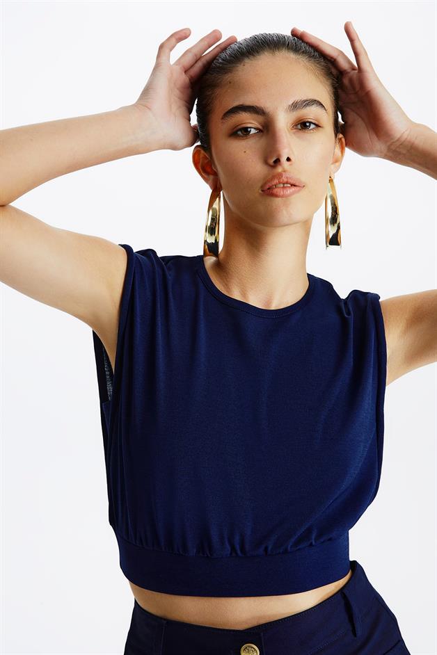 Gathered Basic Dark Blue T-Shirt