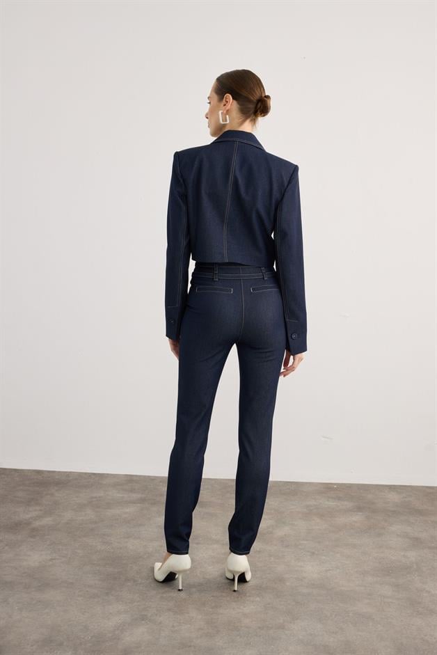 Çift Kemerli Yüksek Bel Lacivert Denim Pantolon
