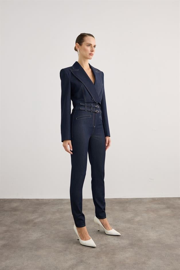 Çift Kemerli Yüksek Bel Lacivert Denim Pantolon