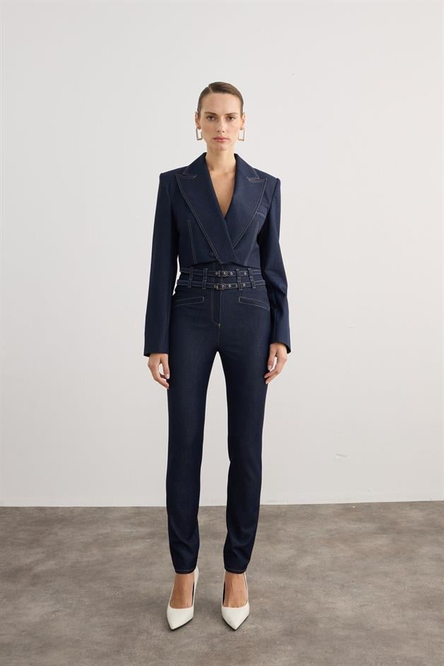 Çift Kemerli Yüksek Bel Lacivert Denim Pantolon