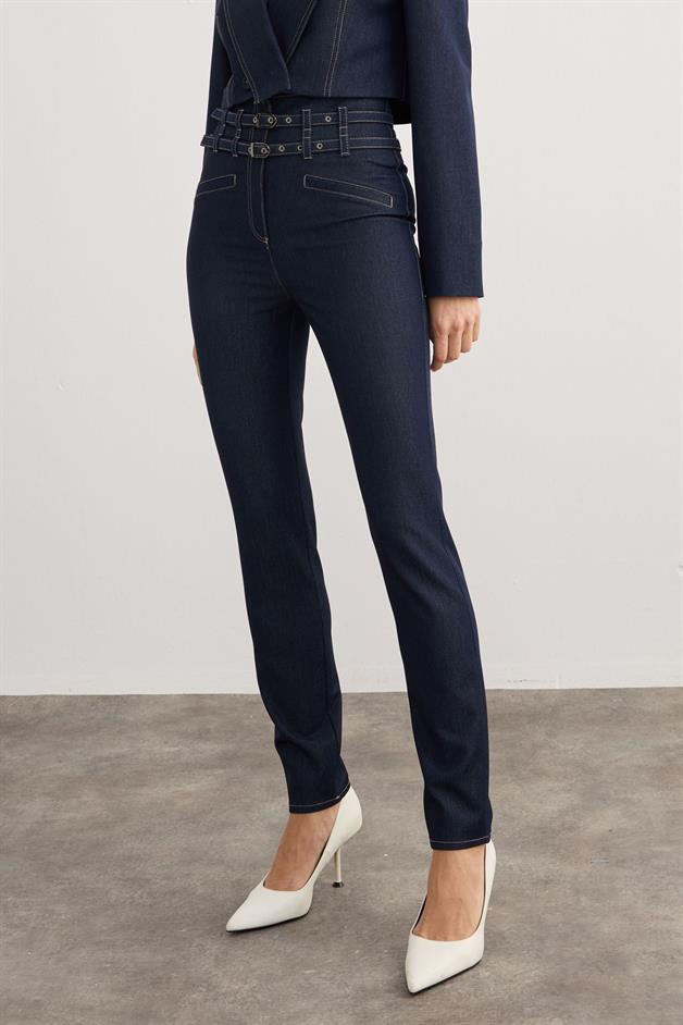 Çift Kemerli Yüksek Bel Lacivert Denim Pantolon