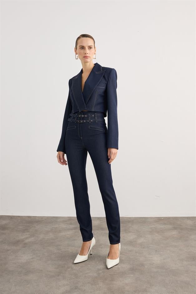 Çift Kemerli Yüksek Bel Lacivert Denim Pantolon