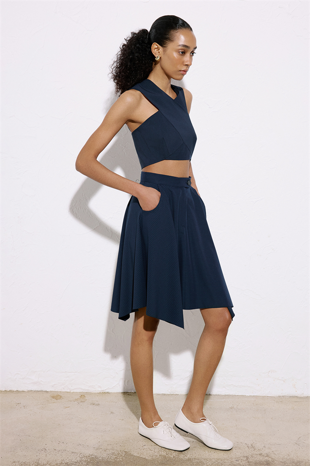 Striped Asymmetric High Waist Navy Blue Skirt
