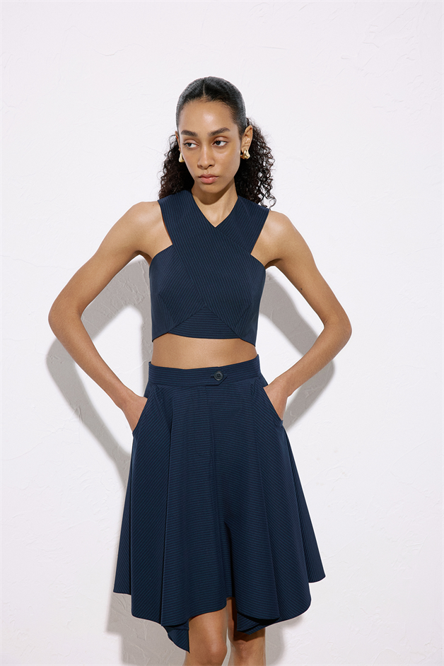 Striped Asymmetric High Waist Navy Blue Skirt