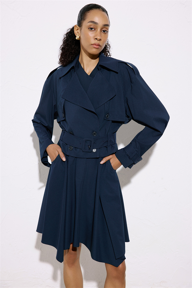Striped Asymmetric High Waist Navy Blue Skirt