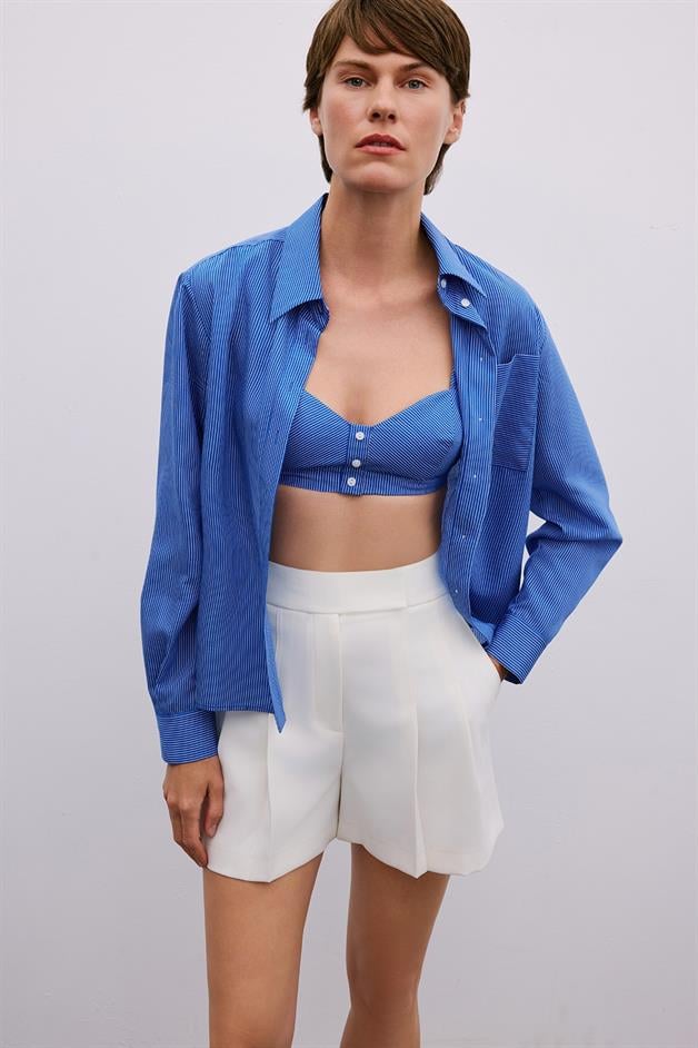 Striped Button Detailed Navy Bustier Shirt Set
