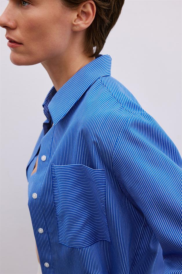 Striped Button Detailed Navy Bustier Shirt Set