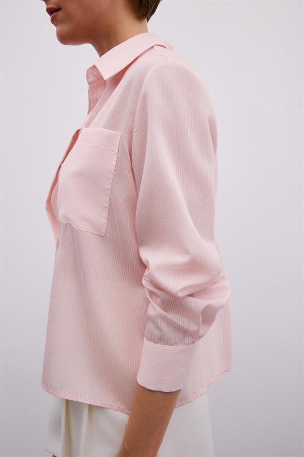 Striped Button Detailed Pink Bustier Shirt Set
