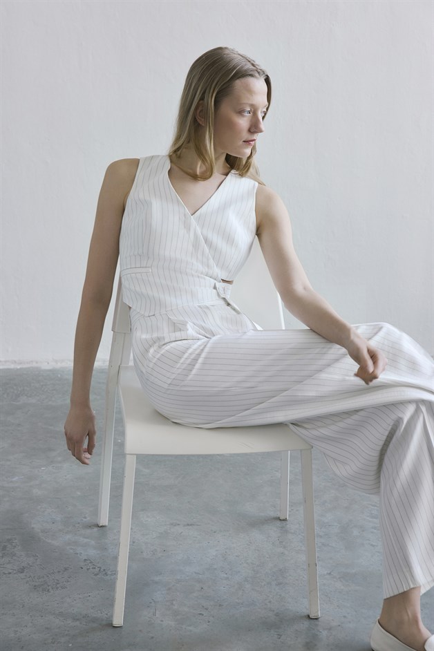 Striped Flap Pocket Ecru Vest