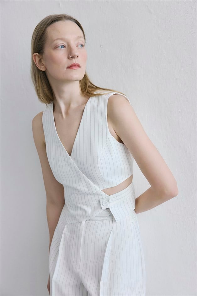Striped Flap Pocket Ecru Vest