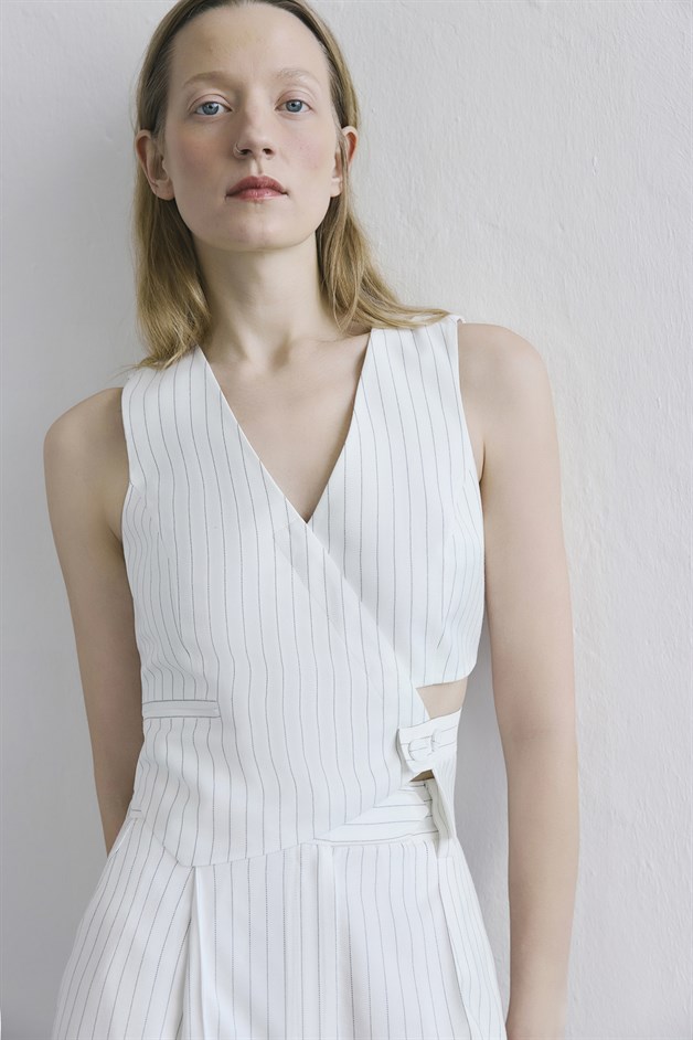 Striped Flap Pocket Ecru Vest