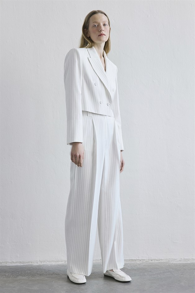 Çizgili Geniş Paça Yüksek Bel Ekru Pantolon