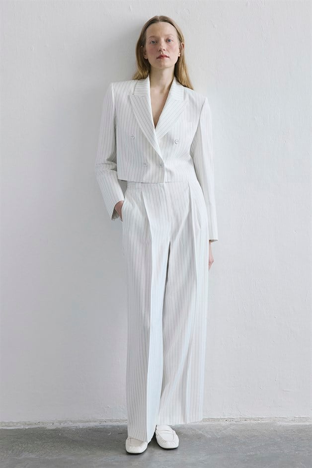 Çizgili Geniş Paça Yüksek Bel Ekru Pantolon