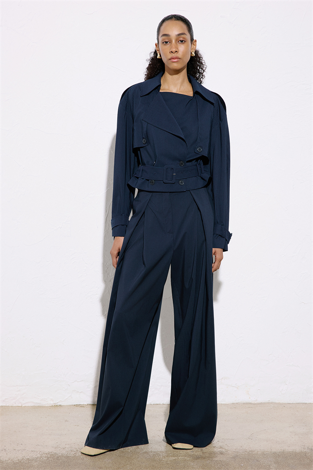 Striped Belt Detailed Navy Blue Crop Trench Coat
