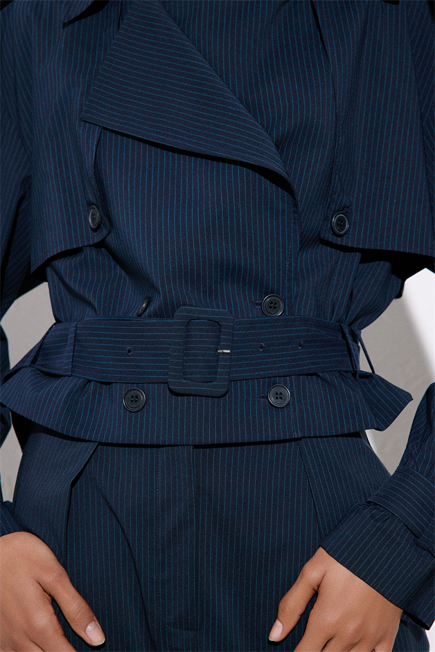 Striped Belt Detailed Navy Blue Crop Trench Coat