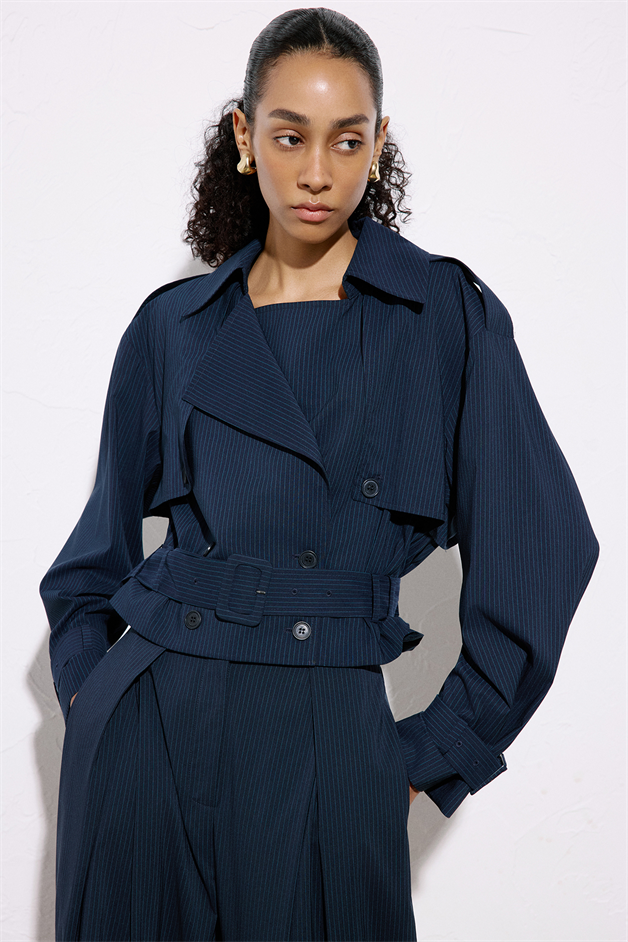 Striped Belt Detailed Navy Blue Crop Trench Coat