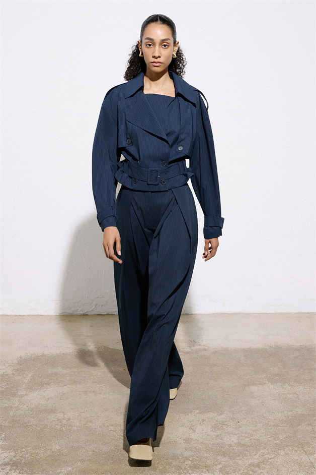 Striped Belt Detailed Navy Blue Crop Trench Coat