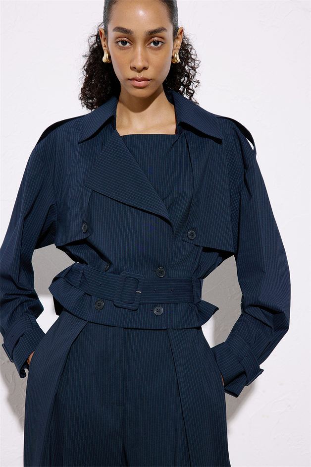 Striped Belt Detailed Navy Blue Crop Trench Coat