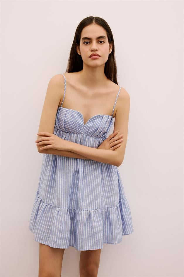 Striped Ruffled Mini Blue Dress