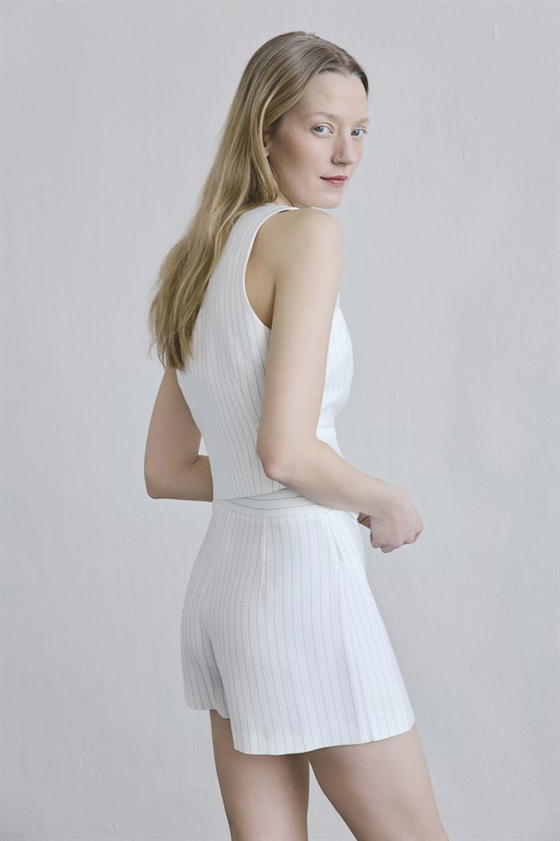 Striped Side Zipper Mini Ecru Shorts