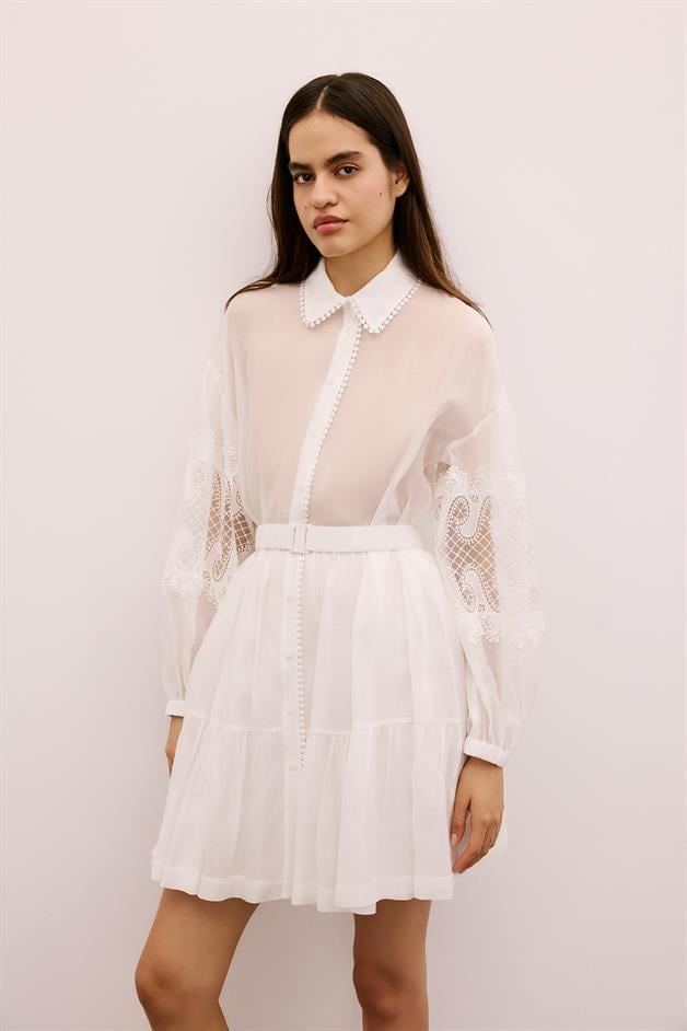 Lace Detailed Mini White Shirt Dress