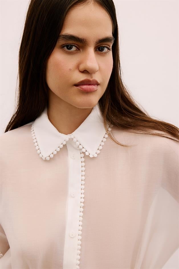 Lace Detailed Mini White Shirt Dress