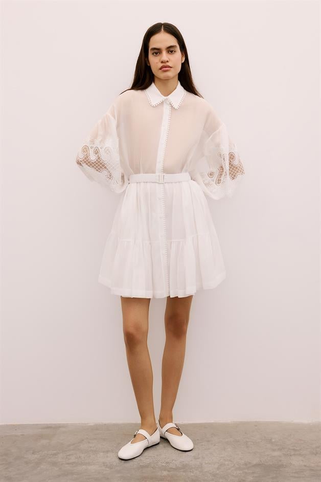 Lace Detailed Mini White Shirt Dress