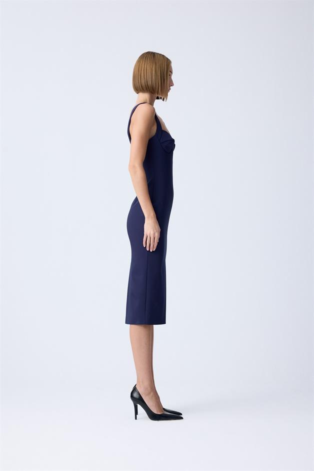 Dar Kesim Kalın Askılı Lacivert Midi Elbise