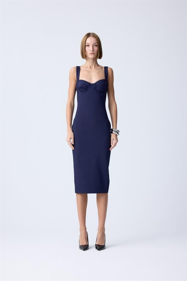 Dar Kesim Kalın Askılı Lacivert Midi Elbise
