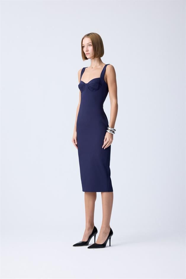 Dar Kesim Kalın Askılı Lacivert Midi Elbise