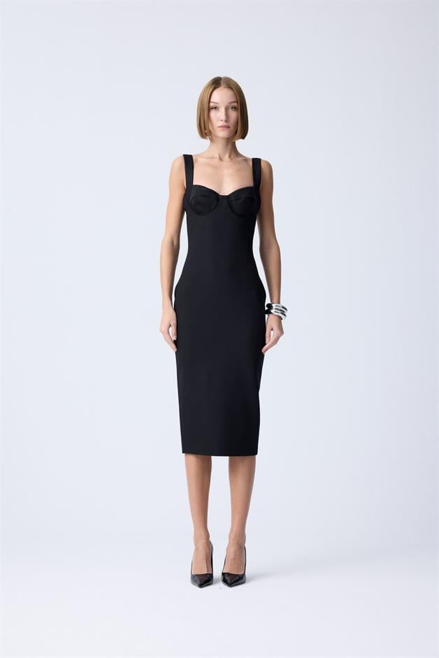 Dar Kesim Kalın Askılı Siyah Midi Elbise