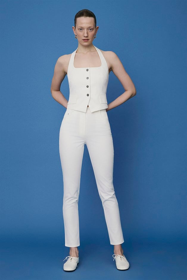Dar Paça Denim Dokulu Ekru Pantolon