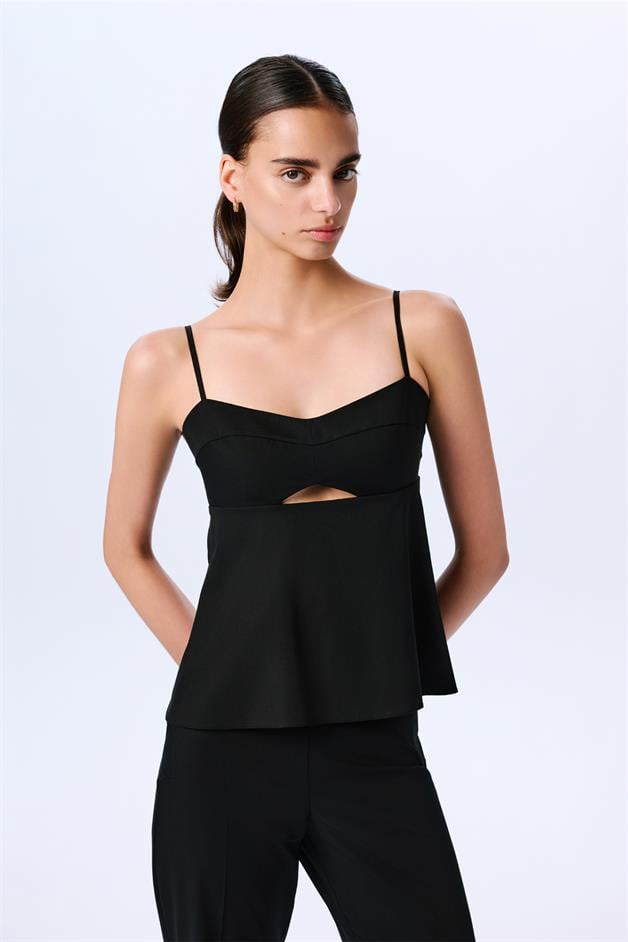 Draped Detailed Strappy Black Blouse  