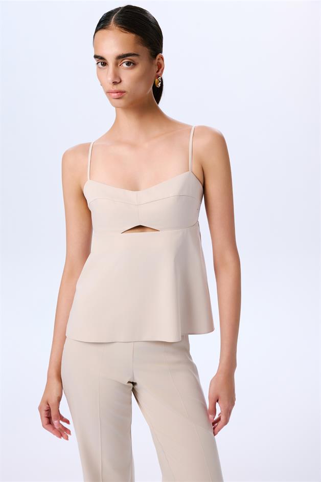 Draped Detailed Strappy Taupe Blouse