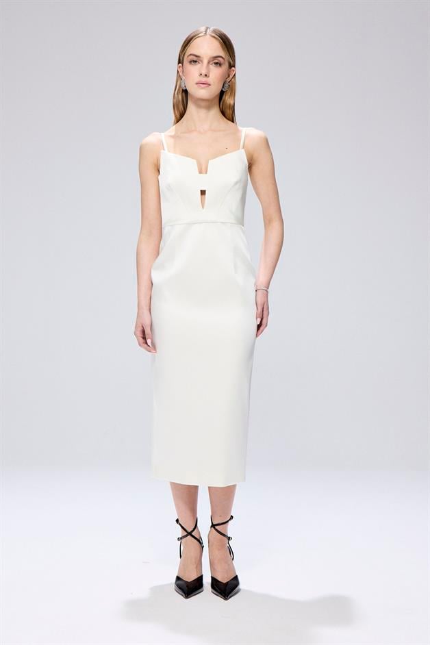 Degaje Detaylı Yırtmaçlı Ekru Midi Elbise