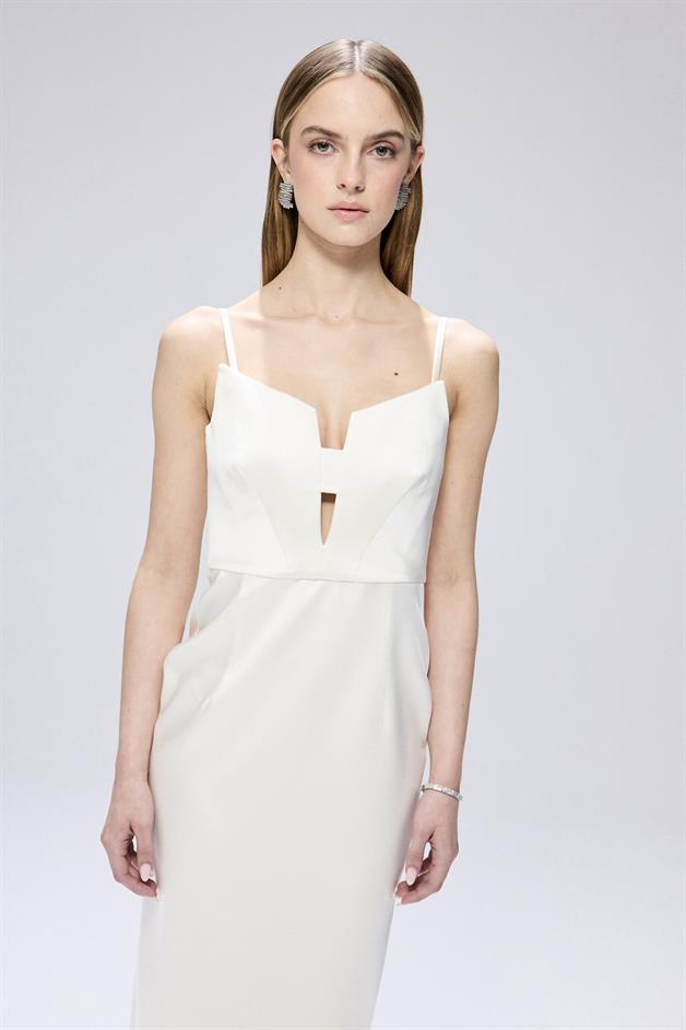 Degaje Detaylı Yırtmaçlı Ekru Midi Elbise