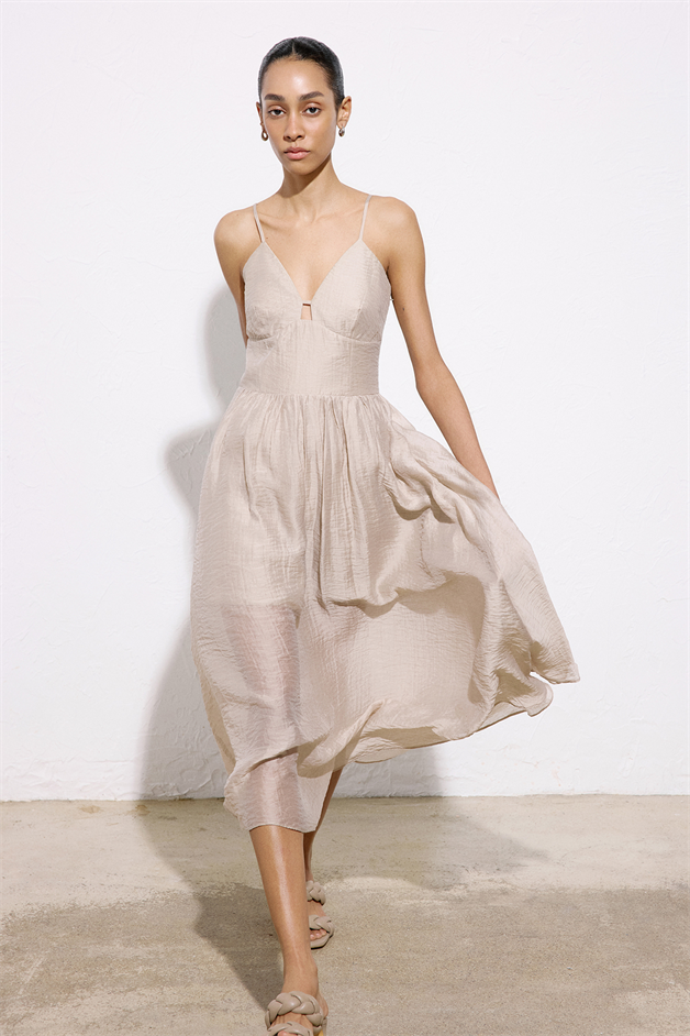 Corset Detailed Midi Beige Dress