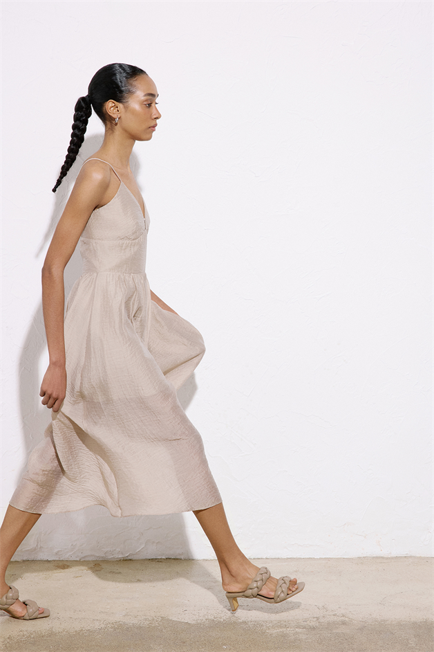 Corset Detailed Midi Beige Dress