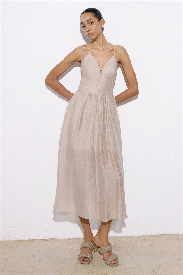 Corset Detailed Midi Beige Dress