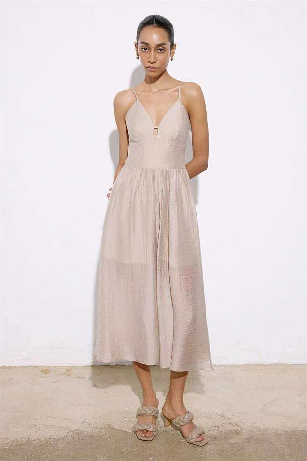 Corset Detailed Midi Beige Dress