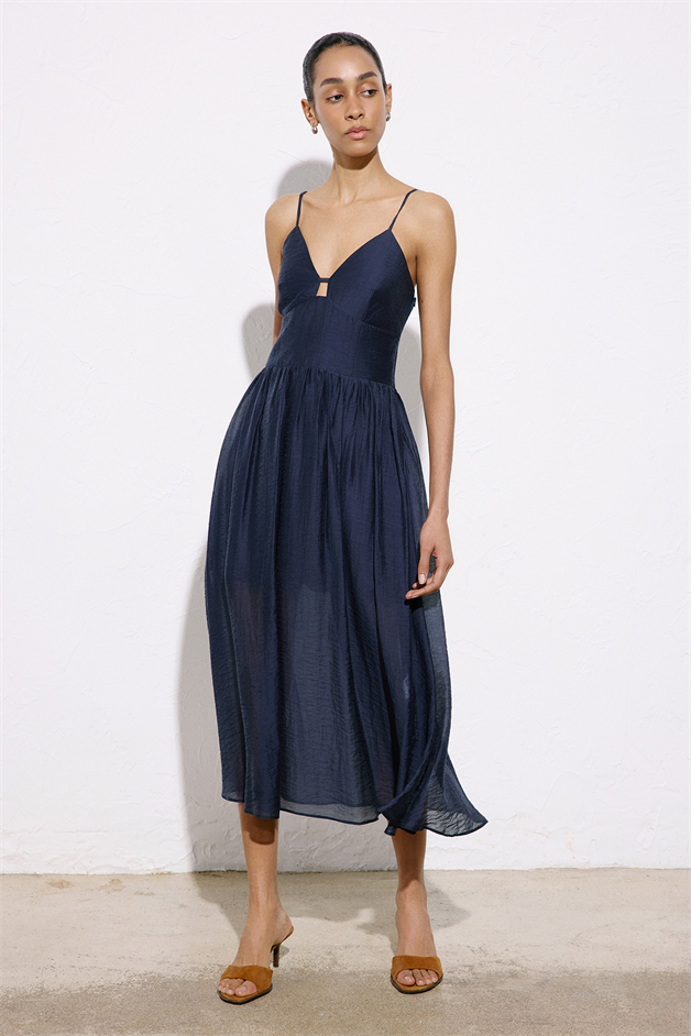 Corset Detailed Midi Navy Blue Dress