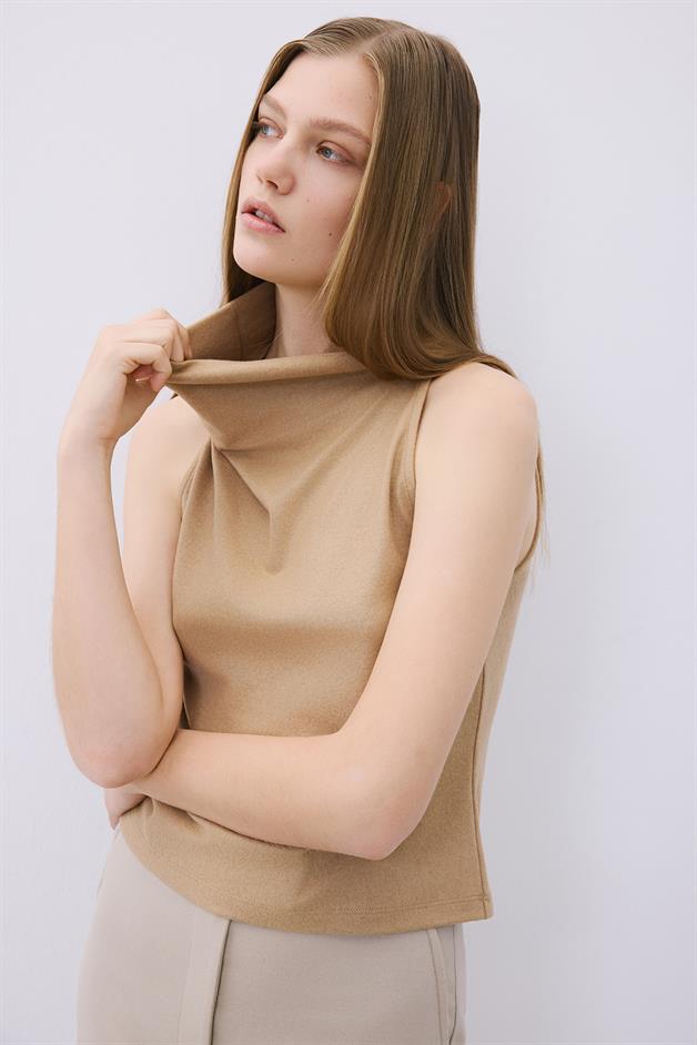 Draped Neck Wool Camel Blouse  
