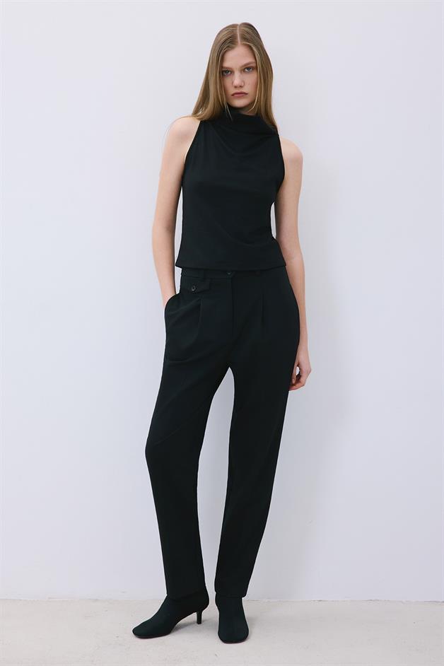 Draped Neck Wool Black Blouse  