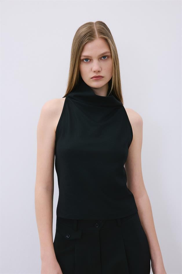 Draped Neck Wool Black Blouse  