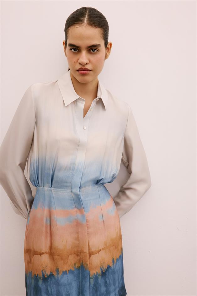 Ombre Patterned Mini Shirt Dress in Salmon