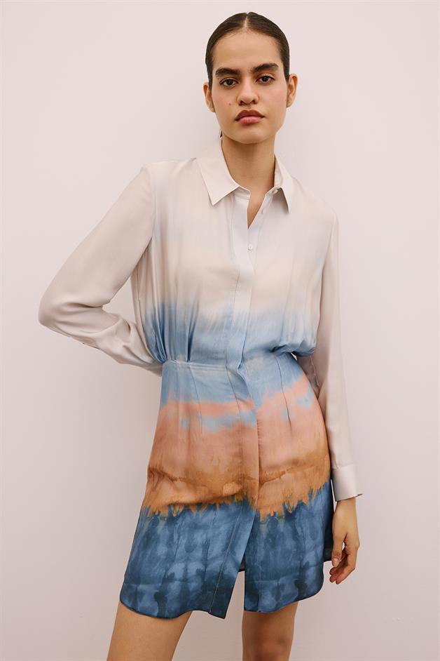 Ombre Patterned Mini Shirt Dress in Salmon