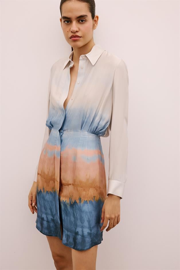 Ombre Patterned Mini Shirt Dress in Salmon