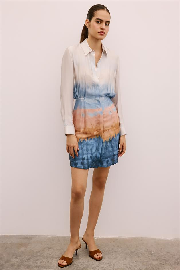 Ombre Patterned Mini Shirt Dress in Salmon