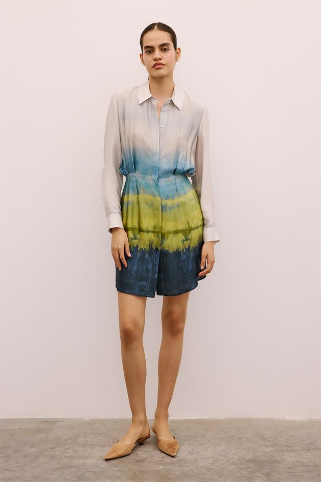 Ombre Patterned Mini Shirt Dress in Green