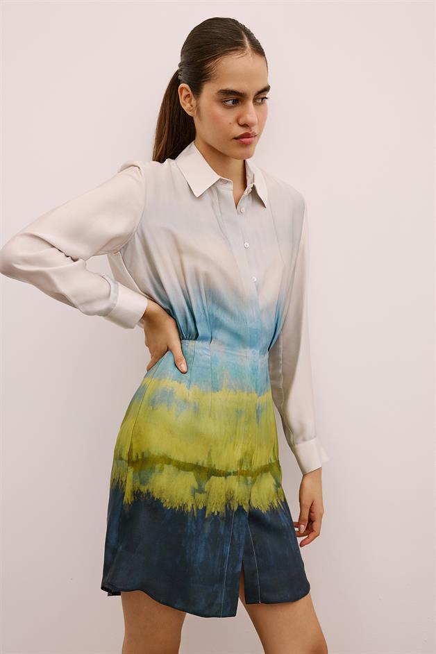 Ombre Patterned Mini Shirt Dress in Green